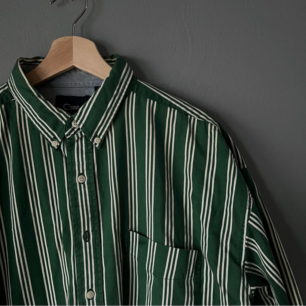 Catalina Men's Green and White Striped Button Down Shirt Sz XL